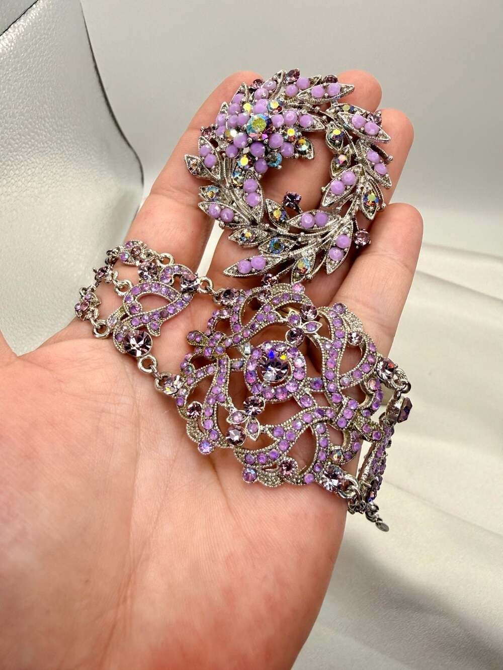 VCLM Purple Rhinestone Filigree Bracelet Brooch Set